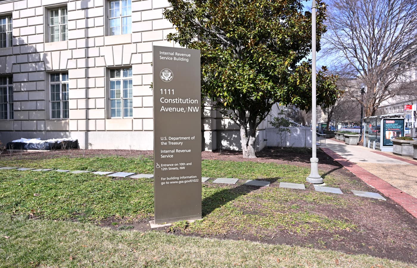 Exterior sign for the Internal Revenue Service building at 1111 Constitution Avenue in Washington