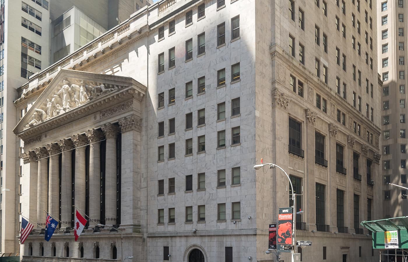 The neoclassical facade and columns of the New York Stock Exchange building